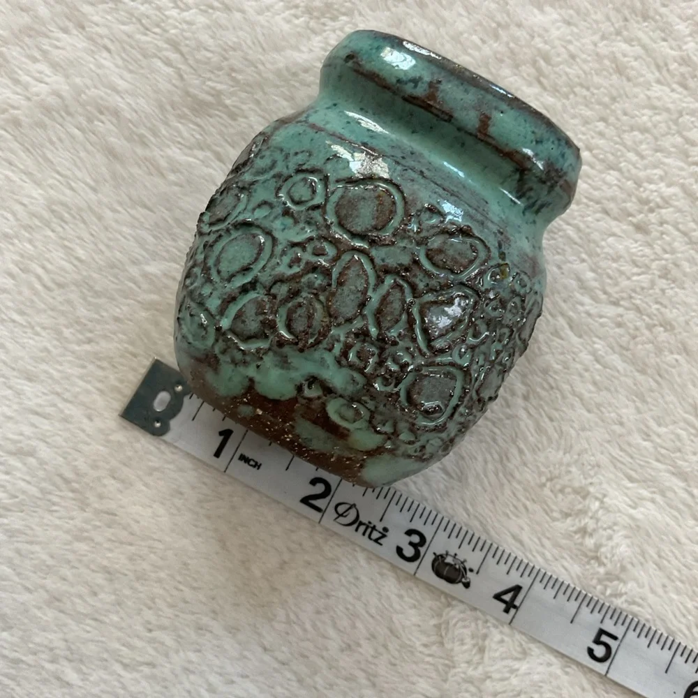 Signed Studio Pottery Bud Vase Pair Turquoise Drip Glaze Handmade